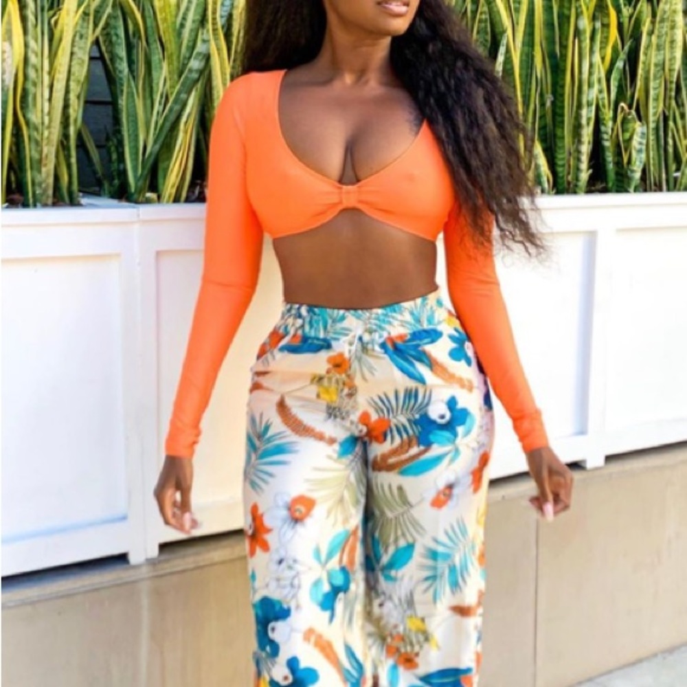 Fashion Nova Blue & Orange Floral Drawstring Skirt